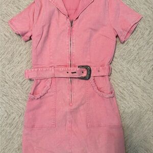 Pink Short Sleeve Belted Dress